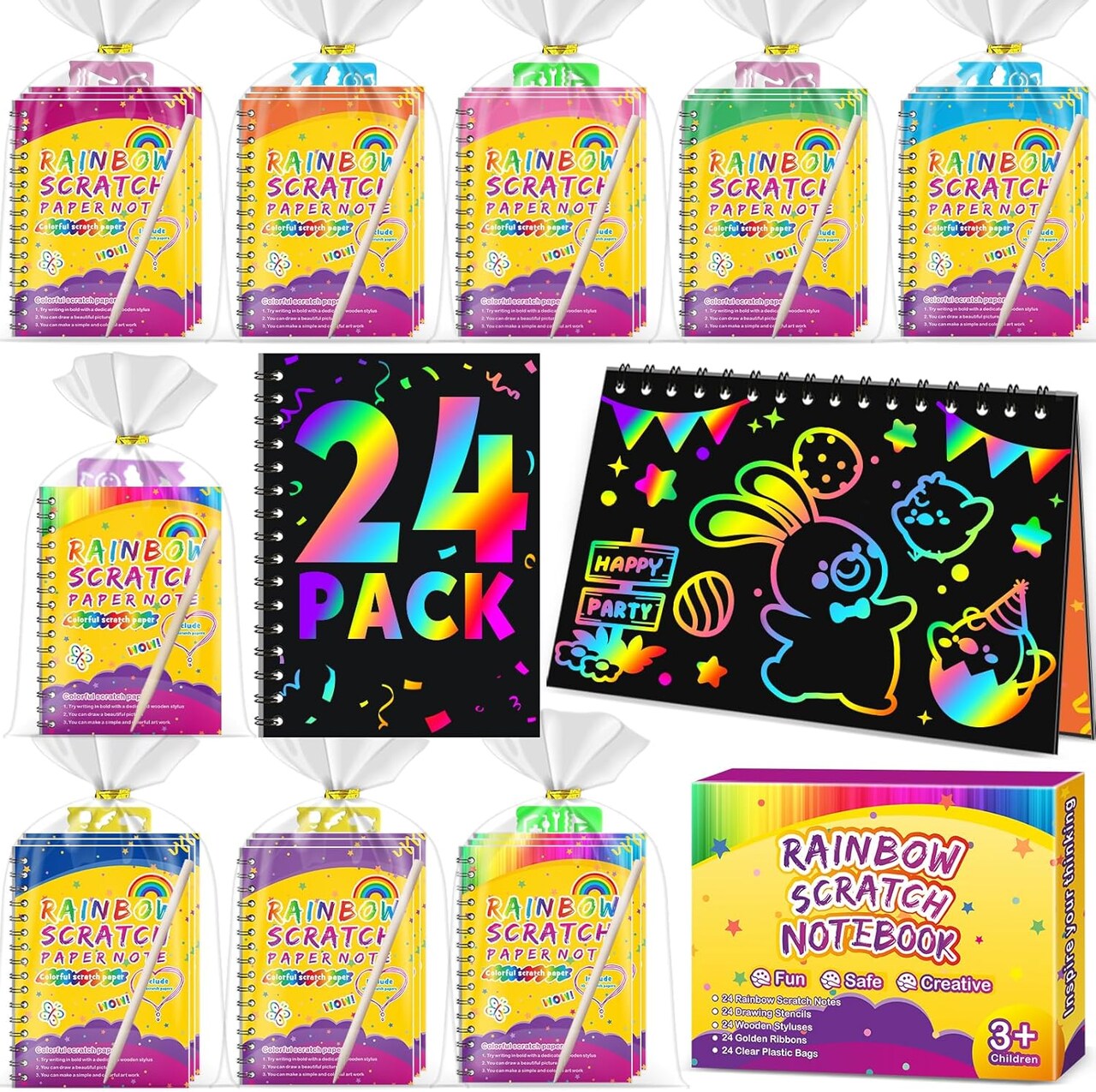 24-Pack Scratch Rainbow Art Notebooks – Party Favors for Kids Ages 4–12, Coloring & Craft Activity Goodie Bags, Bulk Birthday Gifts, Classroom Prizes, Girl & Boy Toddler Craft Kit (colorful)